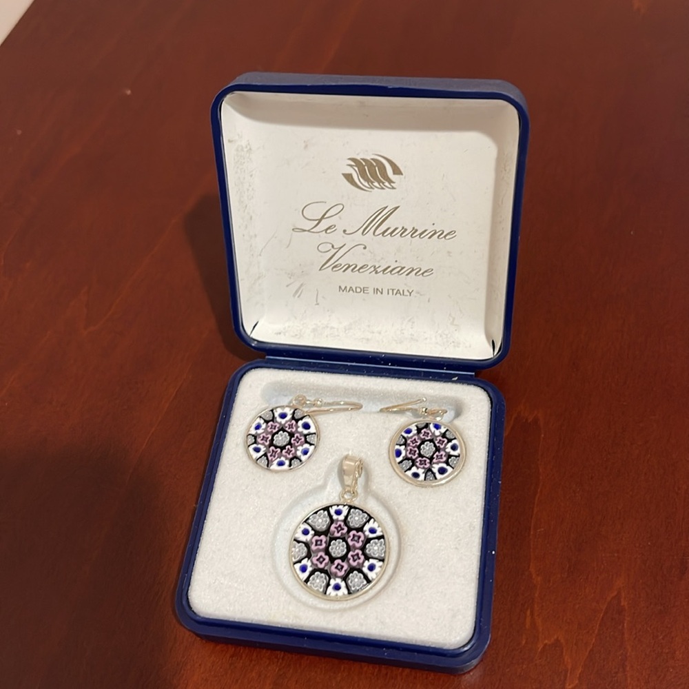 Vintage Sterling Silver and Italian Millefiore Earrings and Pendant Set